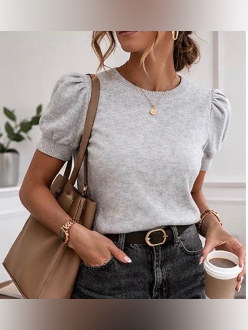 Never worn White House black market Light Gray Puff Sleeve Knit Top XS